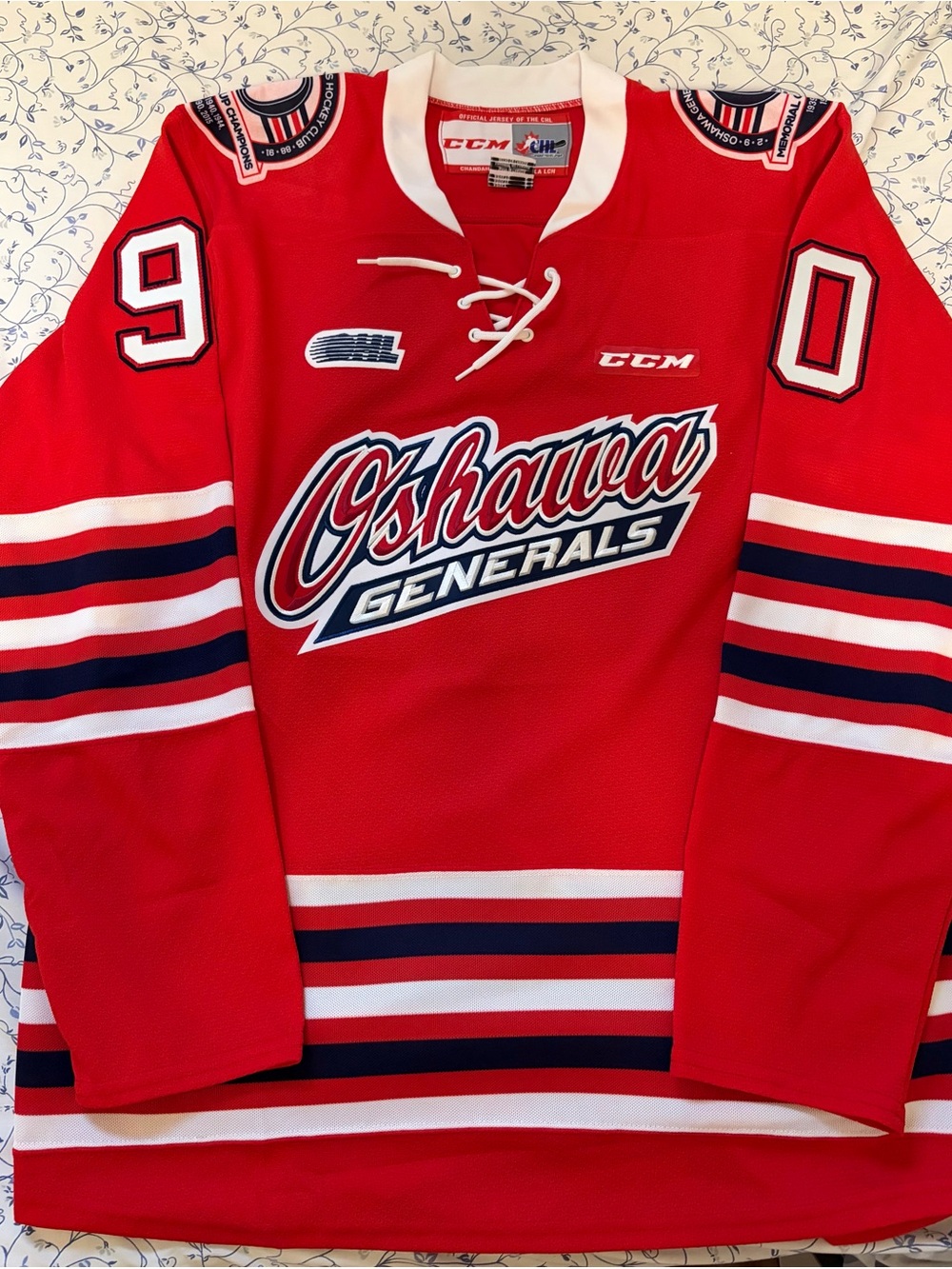 CCM Red Oshawa Generals Hockey Jersey with White and Navy Accents